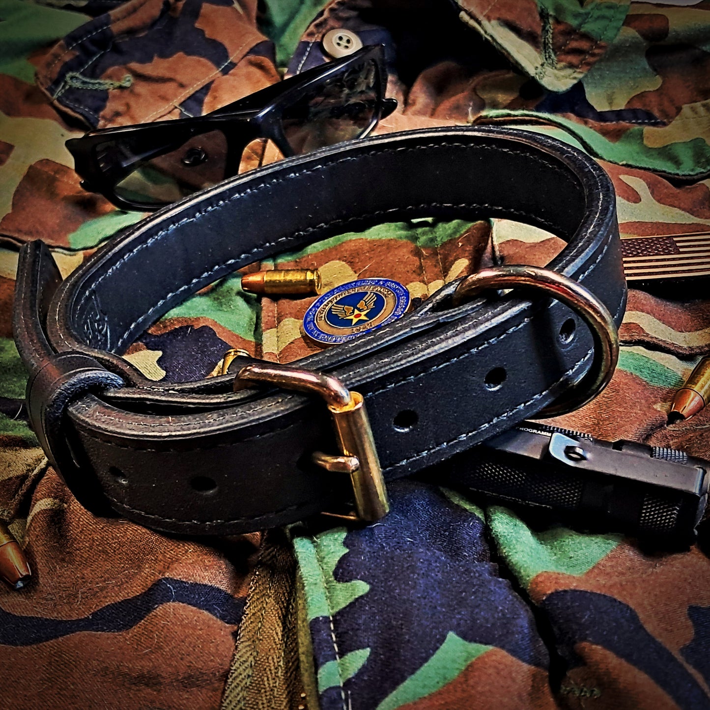 Black Harness Leather Working Dog Collar with Brass Hardware (18"-24" neck size)